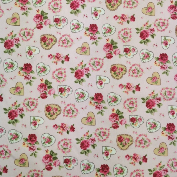 100% Cotton - Vintage Hearts and Roses